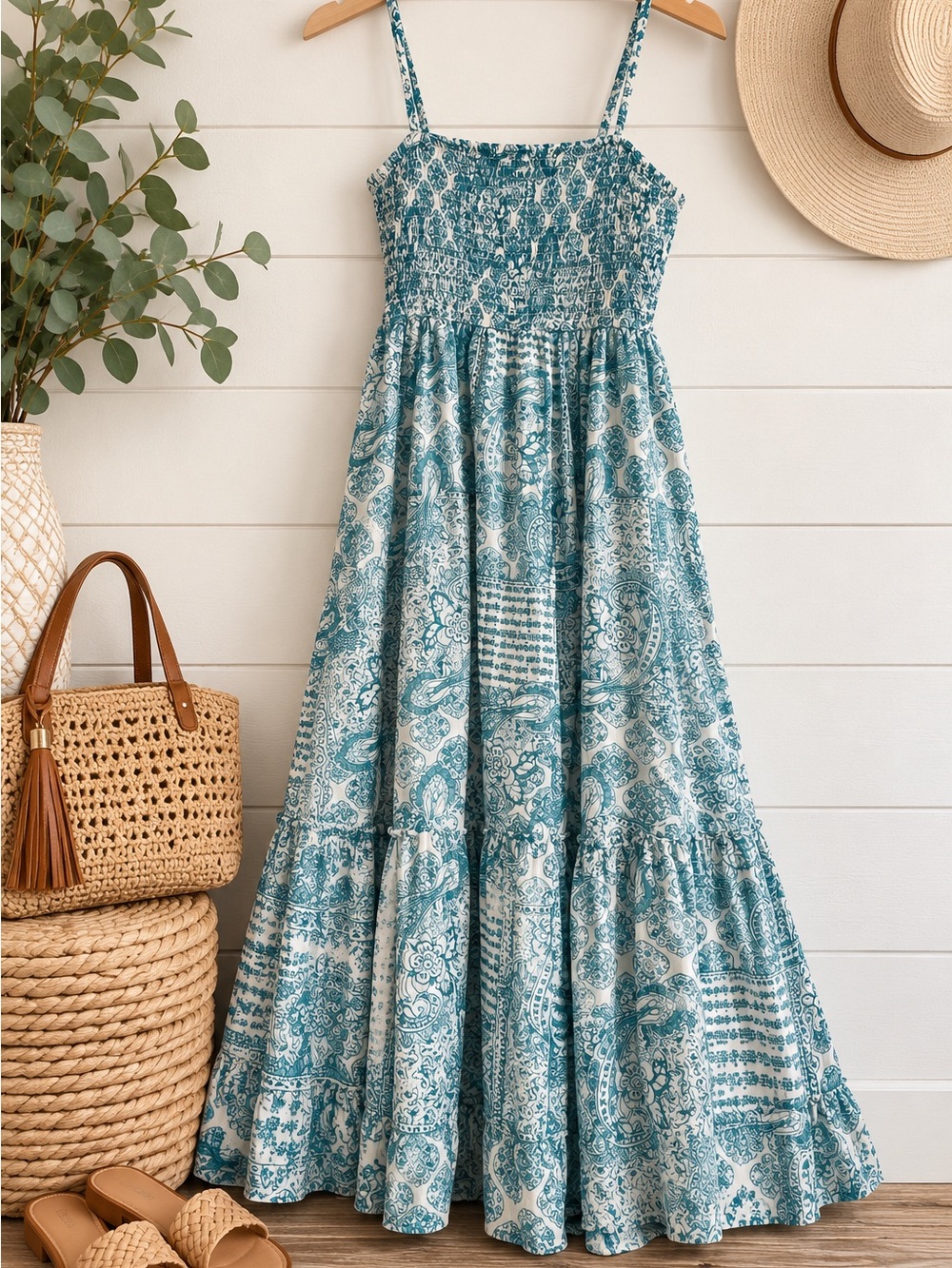 Smocked Paisley Maxi Sundress in Teal